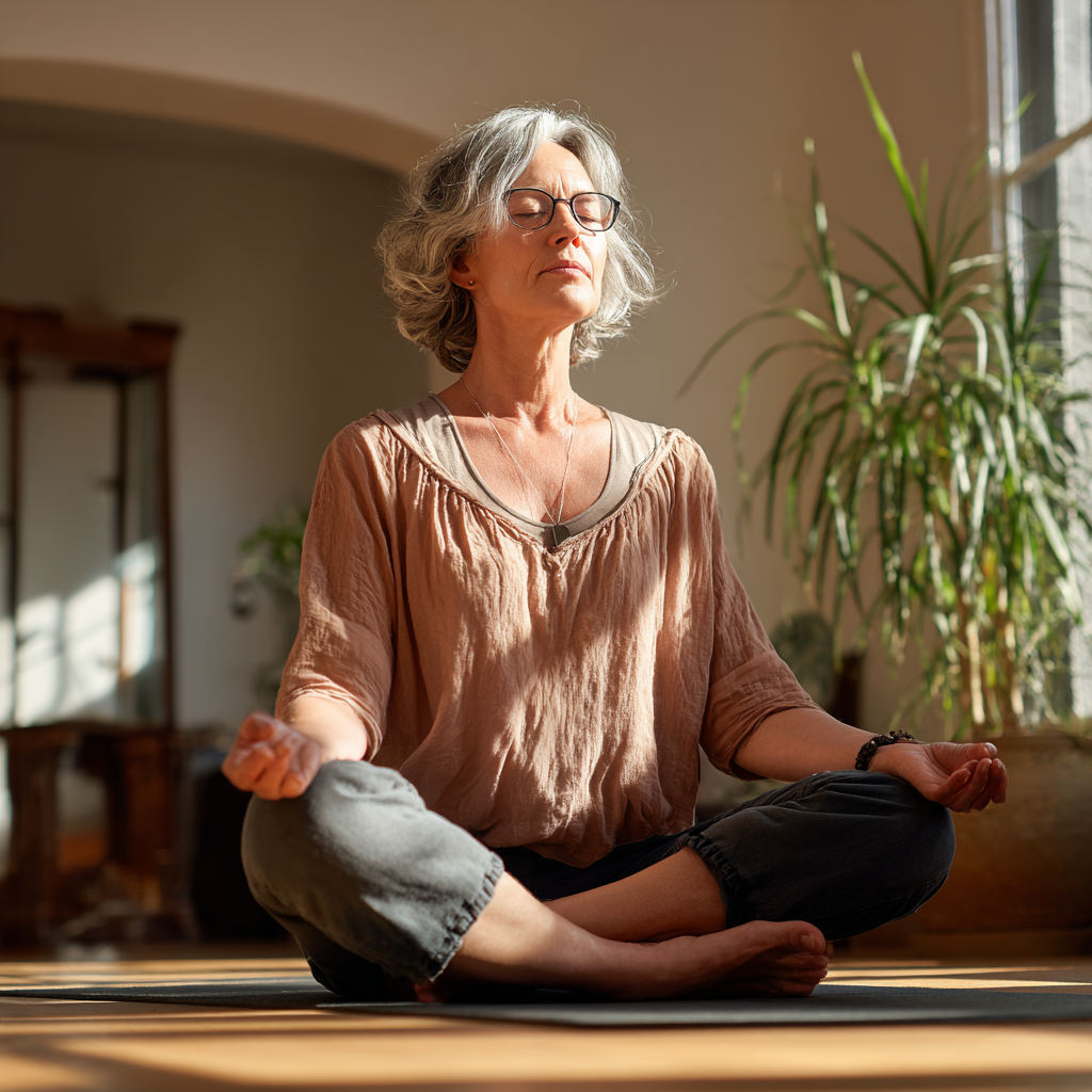 Middle-aged woman practicing gentle yoga poses in natural light