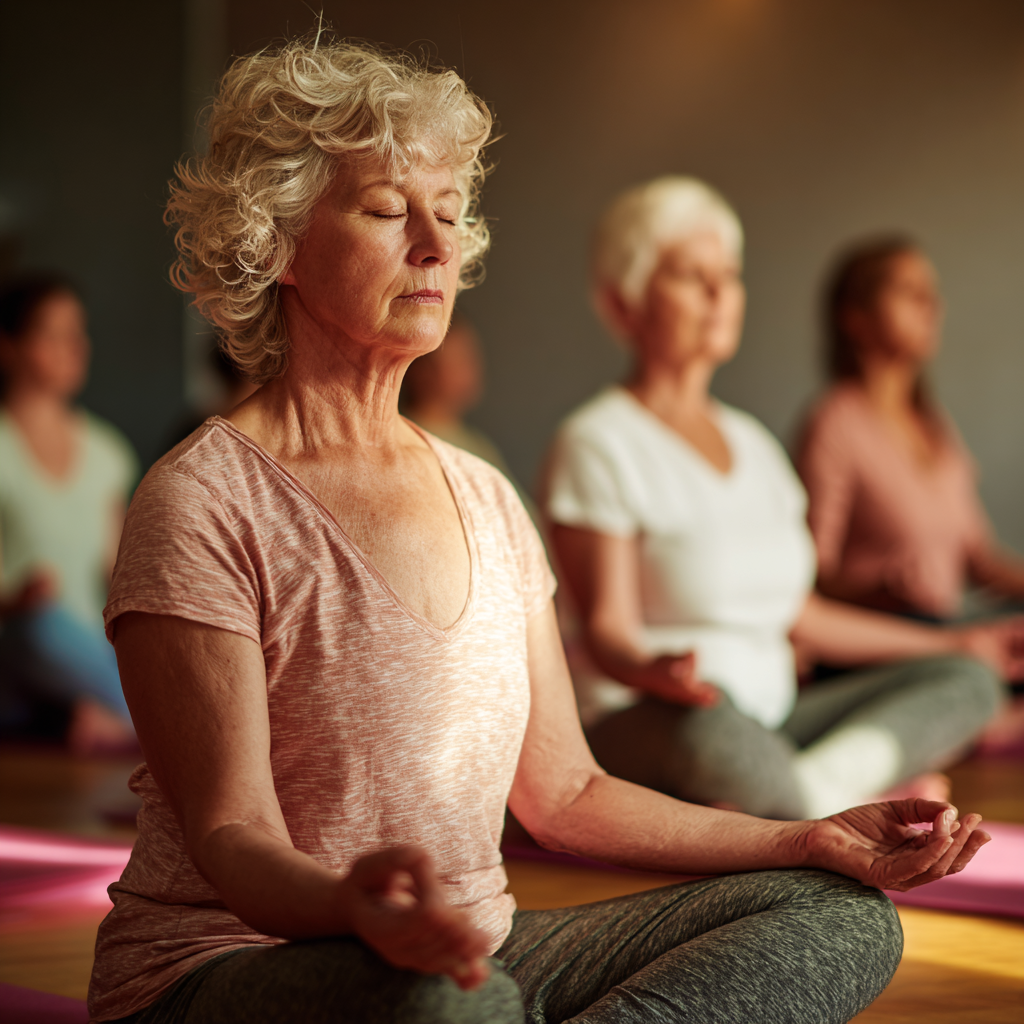 Older adults in meditation session during gentle yoga practice